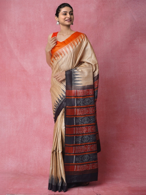 

Unnati Silks Cream-Coloured & Red Jute Silk Jamdani Saree