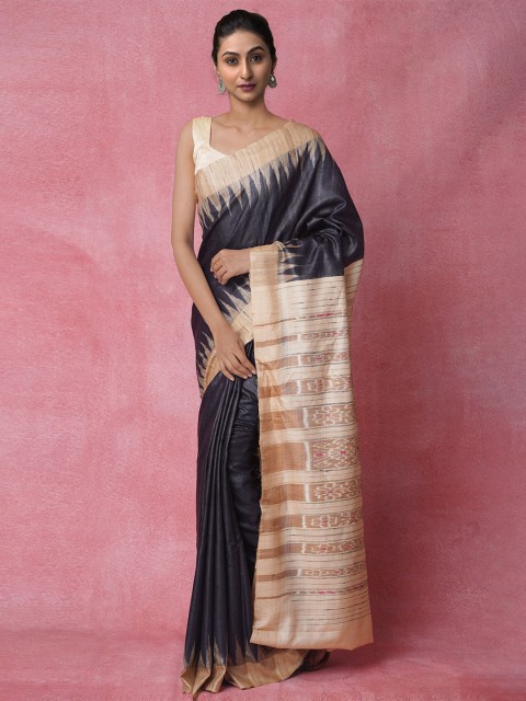 

Unnati Silks Cream-Coloured & Black Jute Silk Jamdani Saree