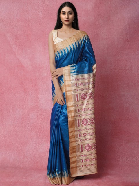 

Unnati Silks Blue & White Jute Silk Jamdani Saree