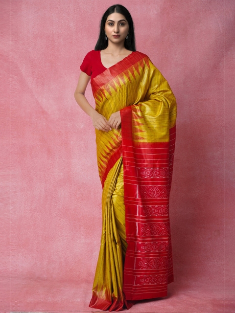 

Unnati Silks Yellow & Red Woven Design Jute Silk Jamdani Saree