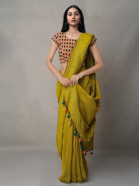 

Unnati Silks Green Striped Pure Linen Jamdani Saree