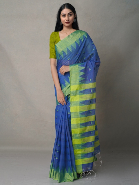 

Unnati Silks Blue & Green Woven Design Linen Blend Jamdani Saree