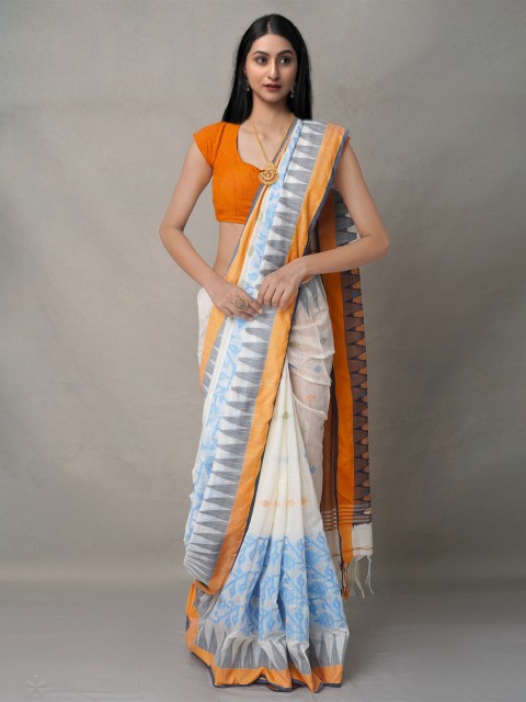 

Unnati Silks Orange & Off White Ethnic Motifs Pure Linen Jamdani Saree