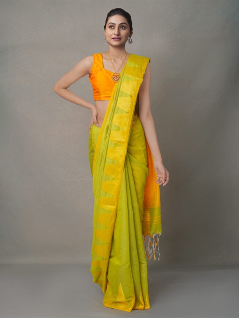 

Unnati Silks Green & Orange Zari Pure Linen Jamdani Saree