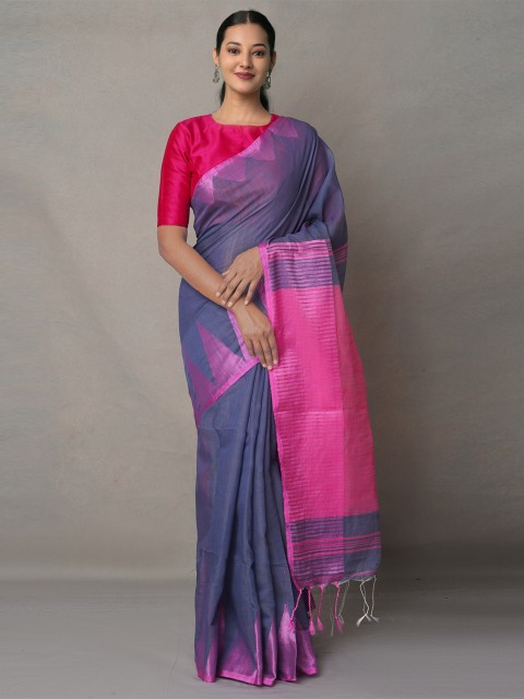 

Unnati Silks Blue & Pink Woven Design Pure Linen Jamdani Saree