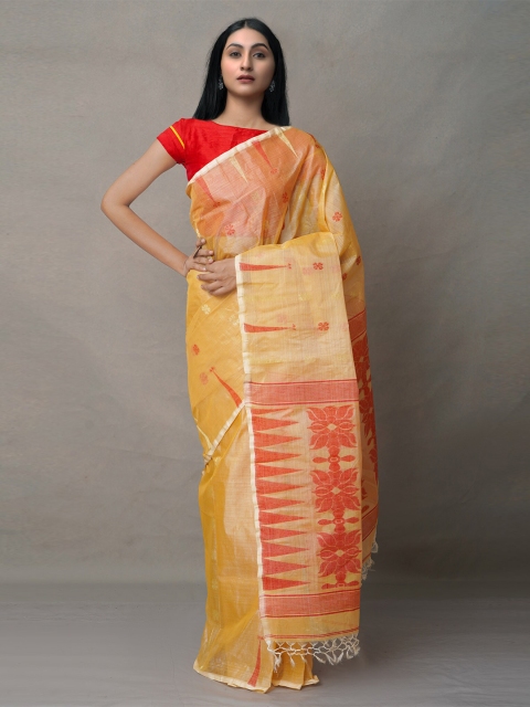 

Unnati Silks Orange & Yellow Ethnic Motifs Silk Cotton Jamdani Saree