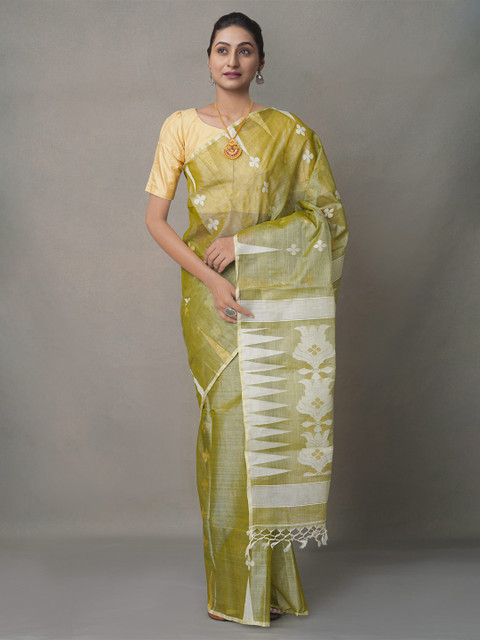 

Unnati Silks Olive Green & Off White Floral Jamdani Saree