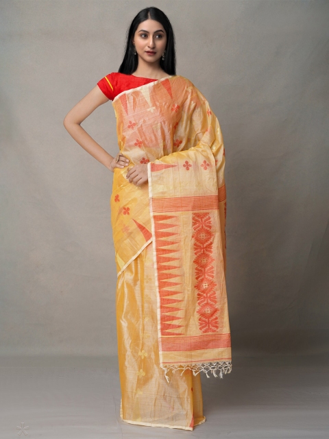 

Unnati Silks Orange & Yellow Ethnic Motifs Silk Cotton Jamdani Saree