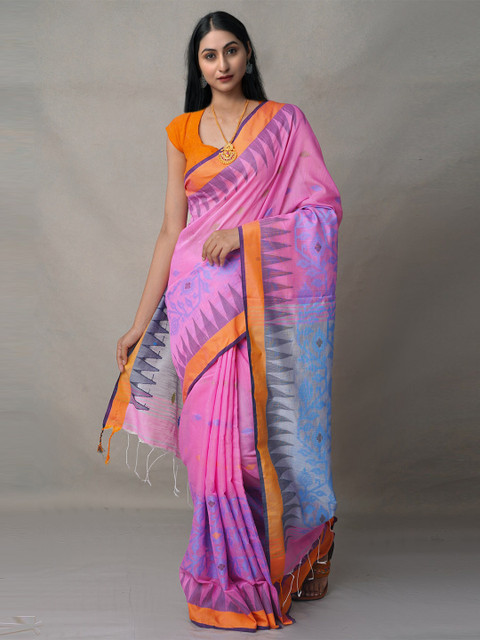 

Unnati Silks Orange & Pink Ethnic Motifs Pure Linen Jamdani Saree