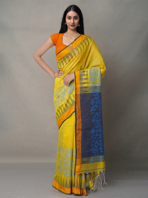 

Unnati Silks Blue & Yellow Ethnic Motifs Pure Linen Jamdani Saree