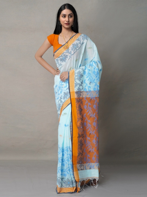 

Unnati Silks Blue & Orange Ethnic Motifs Pure Linen Jamdani Saree