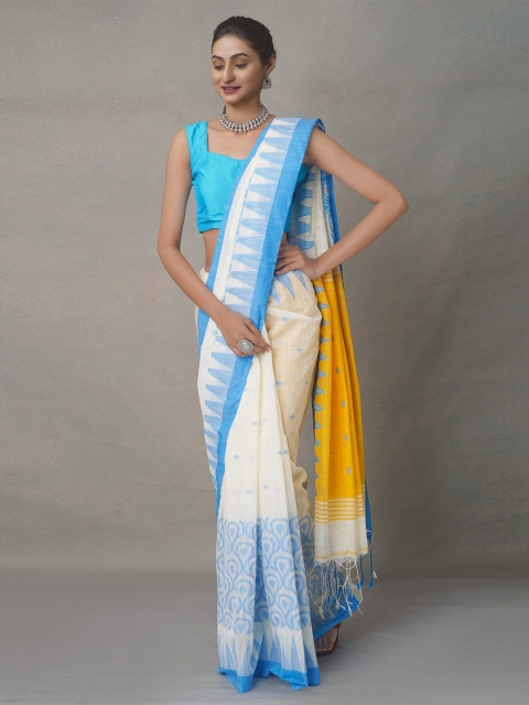 

Unnati Silks White & Yellow Ethnic Motifs Pure Linen Jamdani Saree