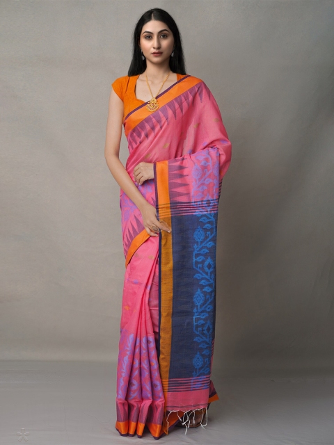 

Unnati Silks Women Blue & Pink Ethnic Motifs Bengal Linen Saree