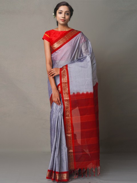 

Unnati Silks Grey & Red Woven Design Zari Silk Cotton Maheshwari Saree