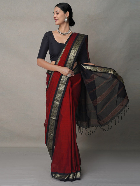 

Unnati Silks Red & Black Zari Silk Cotton Maheshwari Saree