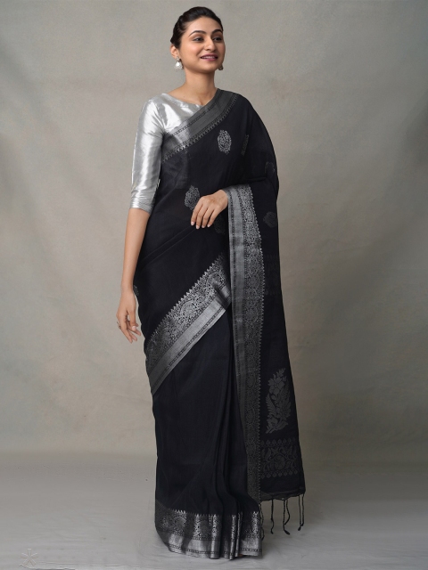 

Unnati Silks Black & Silver-Toned Woven Design Zari Silk Cotton Jamdani Saree