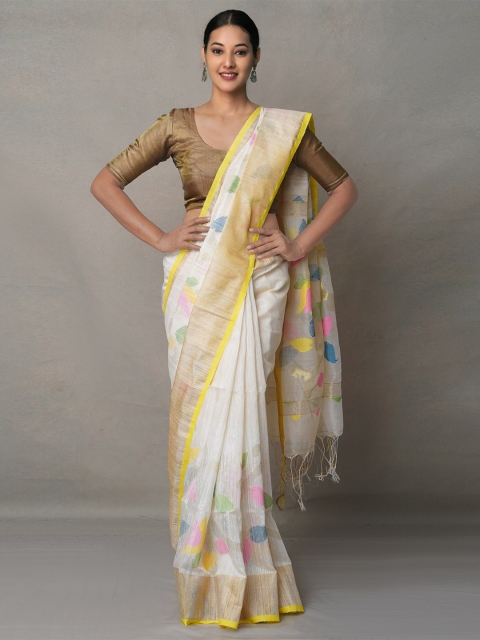 

Unnati Silks White & Gold-Toned Woven Design Zari Silk Cotton Jamdani Saree