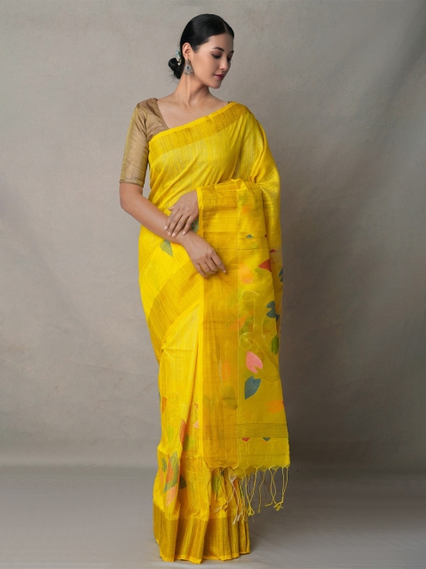 

Unnati Silks Yellow & Blue Woven Design Zari Silk Cotton Jamdani Saree