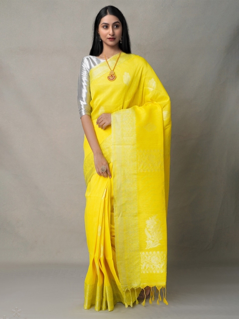 

Unnati Silks Yellow & Silver-Toned Woven Design Zari Silk Cotton Jamdani Saree