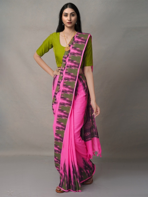 

Unnati Silks Pink & Green Ethnic Printed Pure Linen Jamdani Saree