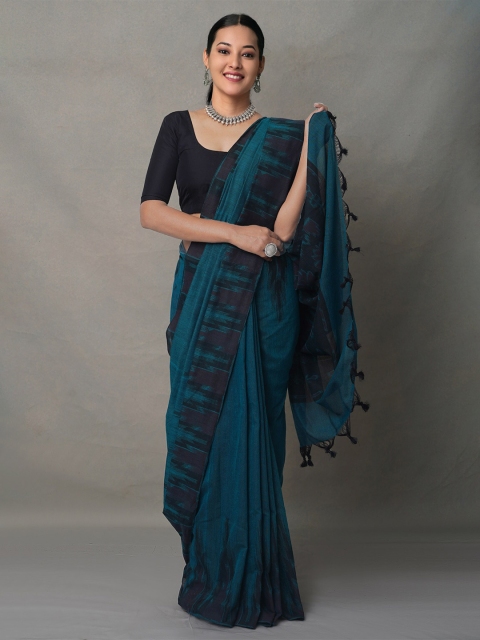 

Unnati Silks Blue & Black Woven Design Pure Linen Jamdani Saree