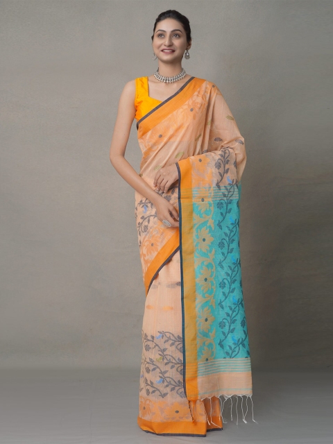 

Unnati Silks Orange & Blue Floral Pure Linen Jamdani Saree