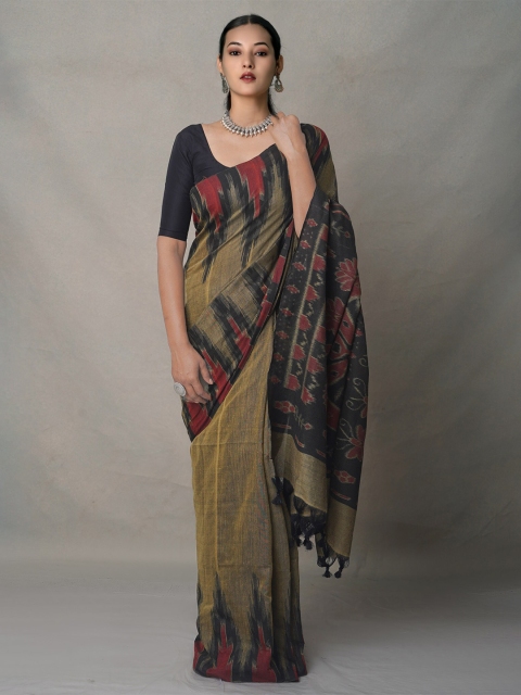 

Unnati Silks Brown & Black Pure Linen Jamdani Saree