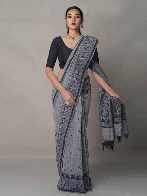 

Unnati Silks Grey & Black Woven Design Pure Linen Jamdani Saree