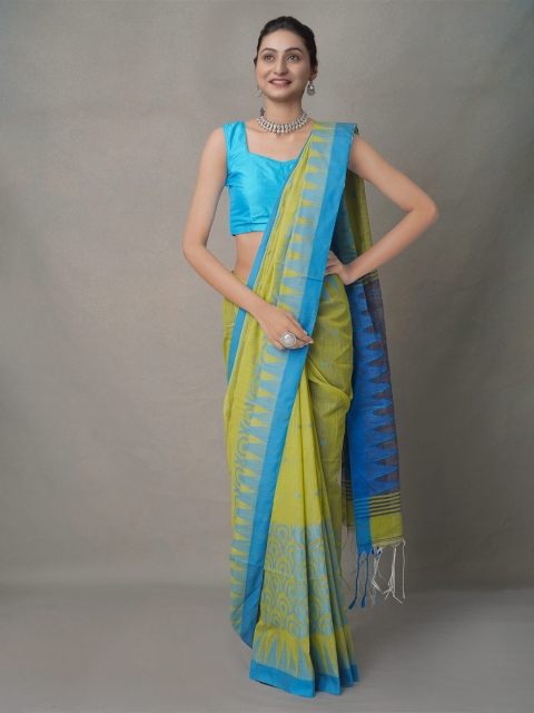 

Unnati Silks Women Green & Blue Ethnic Motifs Pure Linen Jamdani Saree