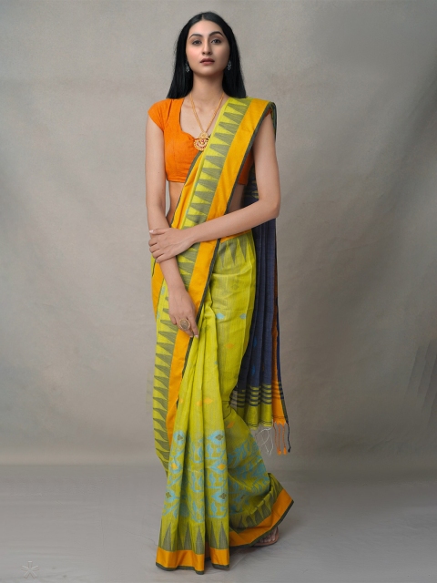 

Unnati Silks Blue & Yellow Ethnic Motifs Pure Linen Jamdani Saree