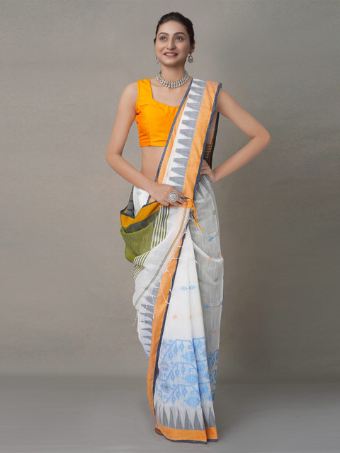 

Unnati Silks White & Green Ethnic Motifs Pure Linen Jamdani Saree