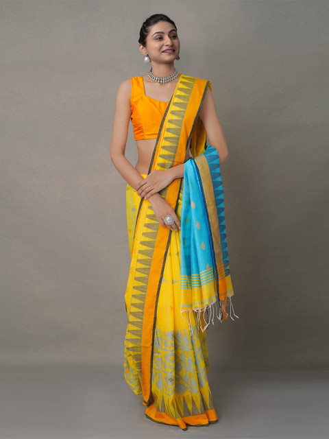 

Unnati Silks Yellow & Blue Ethnic Motifs Pure Linen Jamdani Saree