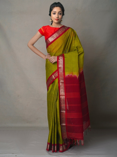 

Unnati Silks Green & Red Woven Design Zari Silk Cotton Maheshwari Saree