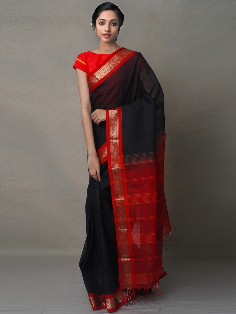 

Unnati Silks Black & Red Woven Design Zari Silk Cotton Maheshwari Saree