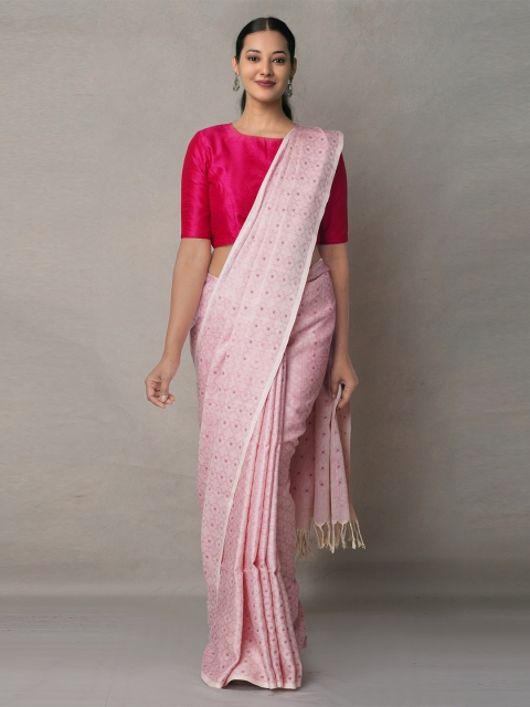 

Unnati Silks Pink Ethnic Motifs Silk Cotton Jamdani Saree