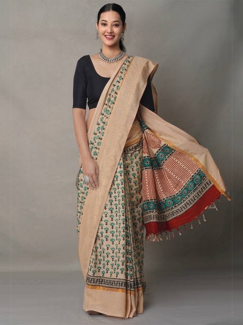 

Unnati Silks Cream-Coloured & Green Floral Pure Silk Bagru Saree