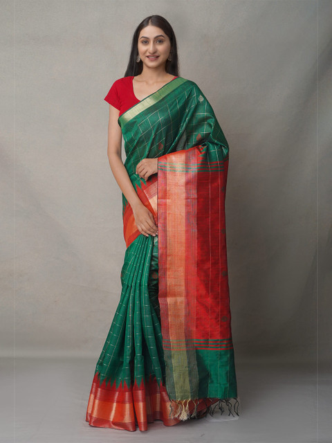 

Unnati Silks Maroon & Green Woven Design Zari Linen Blend Jamdani Saree