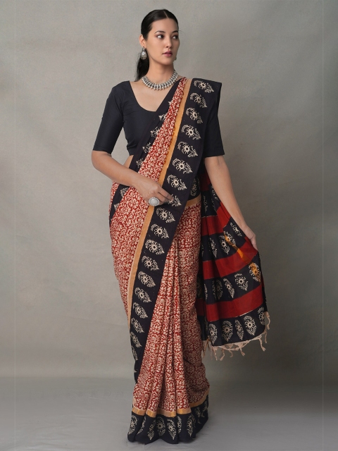 

Unnati Silks Red & Cream-Coloured Floral Pure Silk Bagru Saree