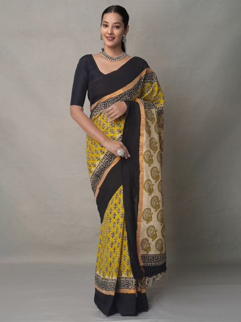 

Unnati Silks Yellow & Black Ethnic Motifs Zari Pure Silk Bagru Saree