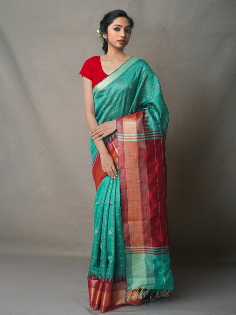 

Unnati Silks Maroon & Green Woven Design Linen Blend Jamdani Saree