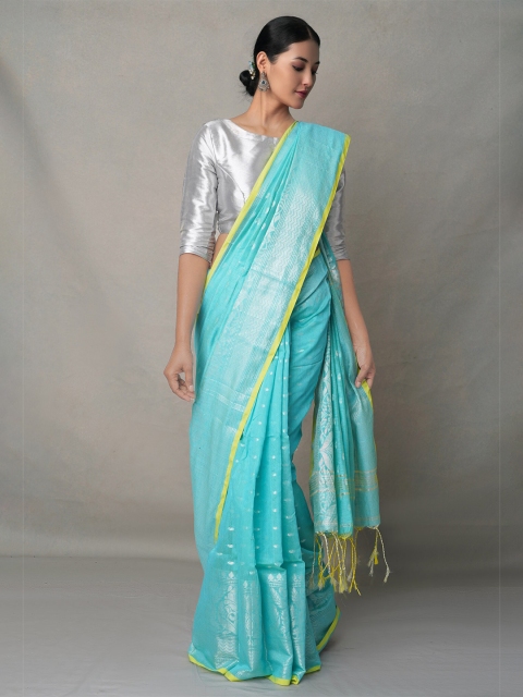 

Unnati Silks Blue & Green Woven Design Zari Silk Cotton Jamdani Saree