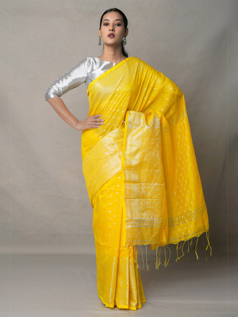 

Unnati Silks Yellow & Silver-Toned Woven Design Zari Silk Cotton Jamdani Saree