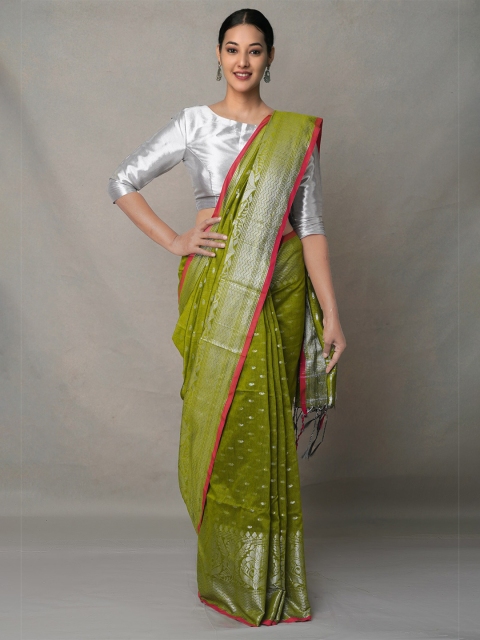 

Unnati Silks Green & Silver-Toned Woven Design Zari Silk Cotton Jamdani Saree