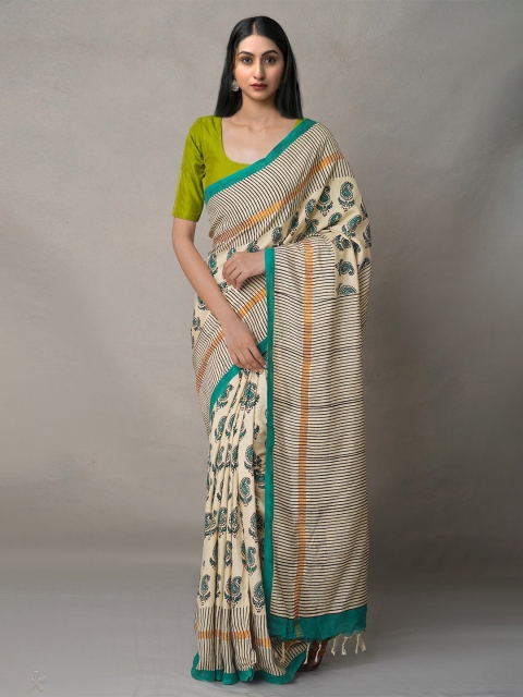

Unnati Silks Cream-Coloured & Black Ethnic Motifs Pure Silk Bagru Saree