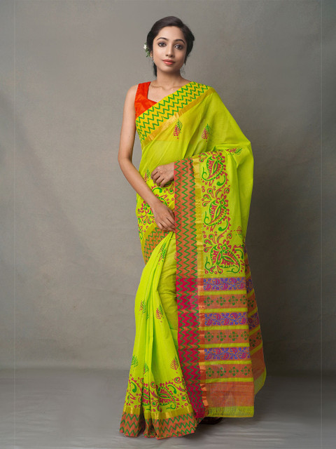 

Unnati Silks Women Multicolored Hand Block Printed Zari Pure Cotton Mangalagiri Saree, Multi