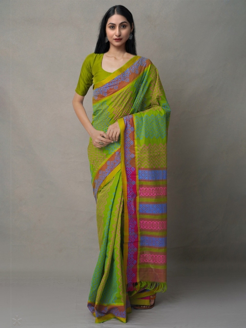 

Unnati Silks Green & Pink Ethnic Motifs Pure Cotton Mangalagiri Saree