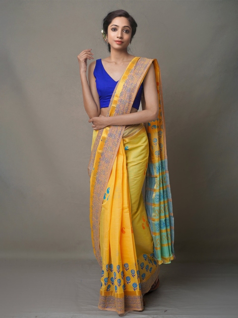 

Unnati Silks Yellow & Blue Ethnic Motifs Pure Cotton Mangalagiri Saree