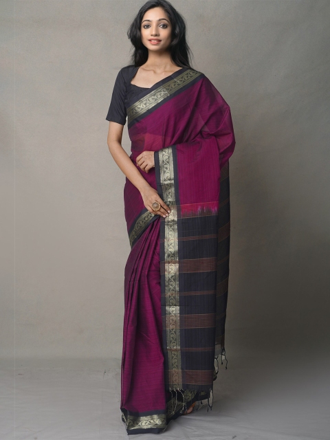 

Unnati Silks Purple & Black Woven Design Zari Silk Cotton Maheshwari Saree