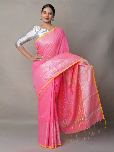 

Unnati Silks Pink & Silver-Toned Woven Design Zari Silk Cotton Jamdani Saree