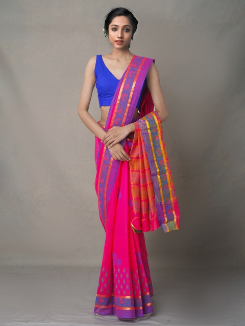 

Unnati Silks Pink & Blue Ethnic Motifs Pure Cotton Mangalagiri Saree